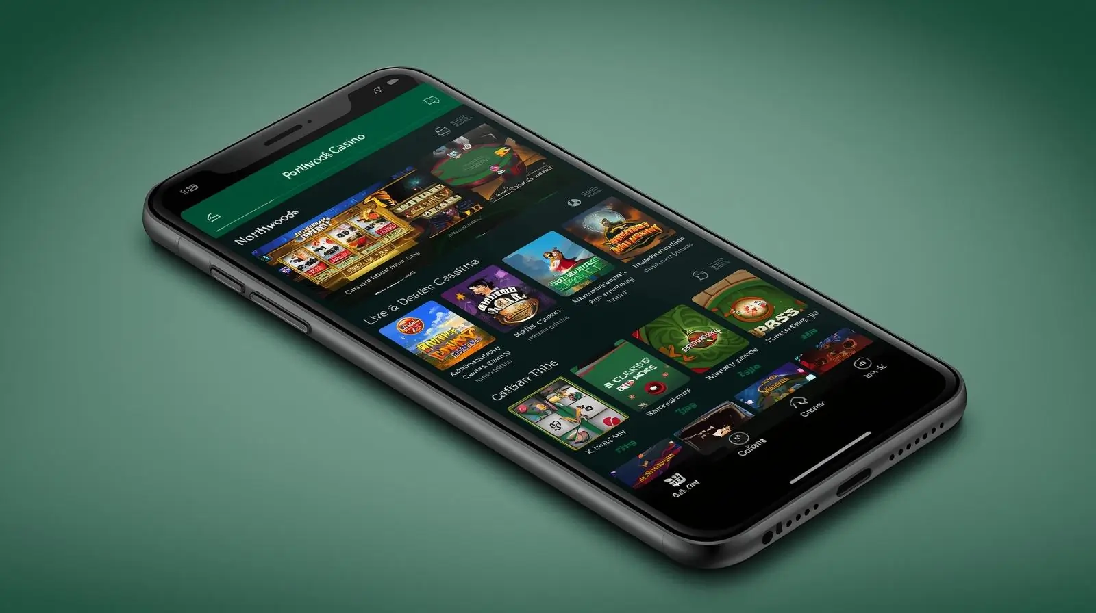 Northwoods Casino app interface on smartphone with casino games