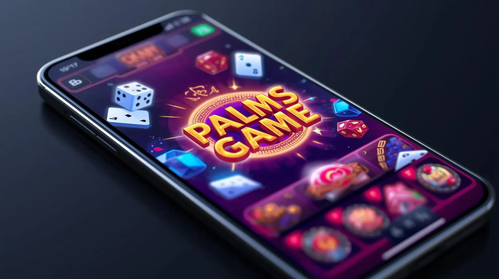 Smartphone showing Palms Game APK interface with Vegas skyline and magistvpc.us.