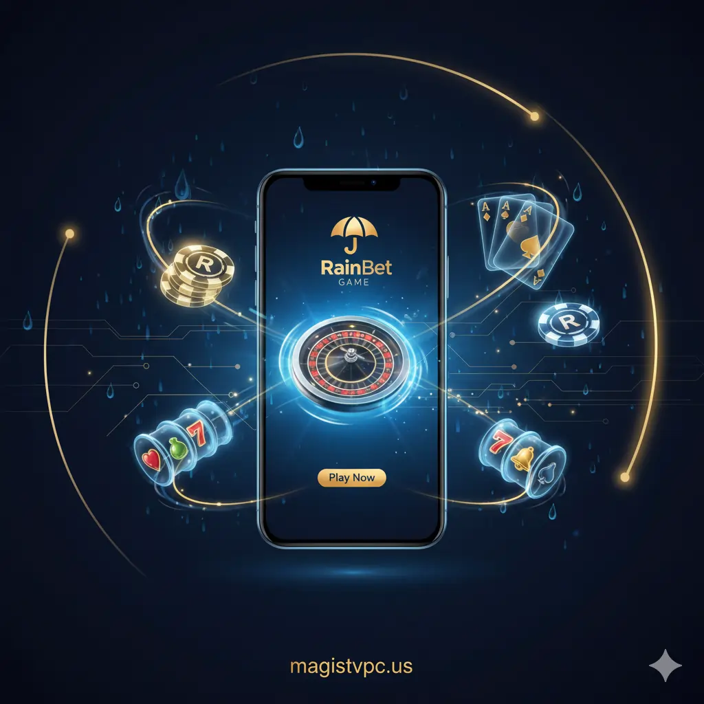 RainBet Game app interface with casino icons and magistvpc.us logo
