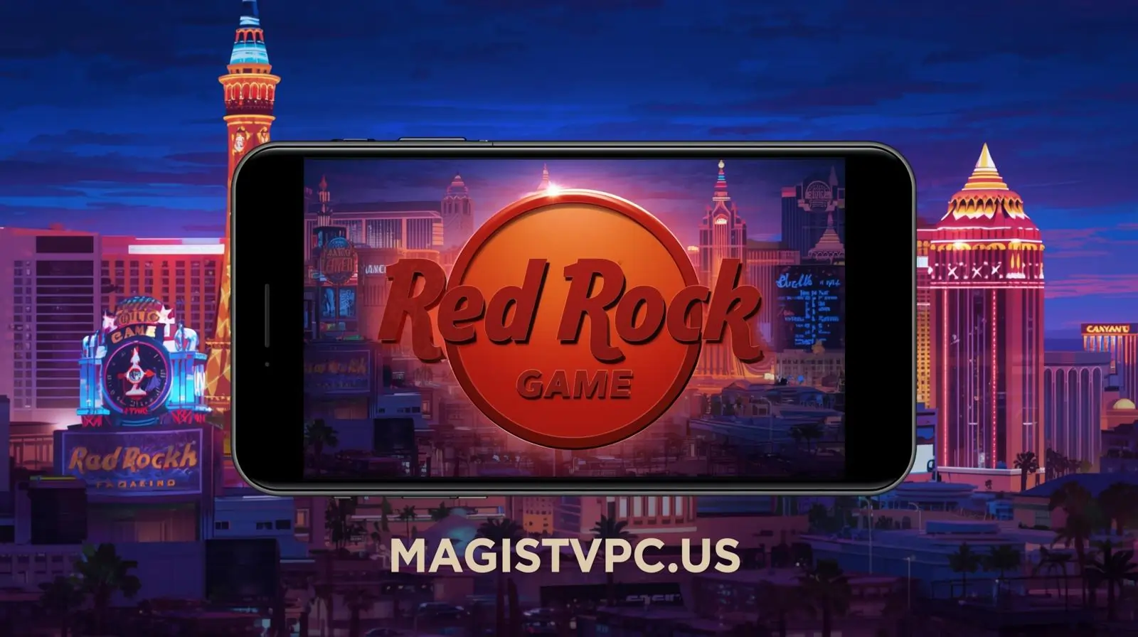 Red Rock Game App interface on smartphone with Vegas skyline