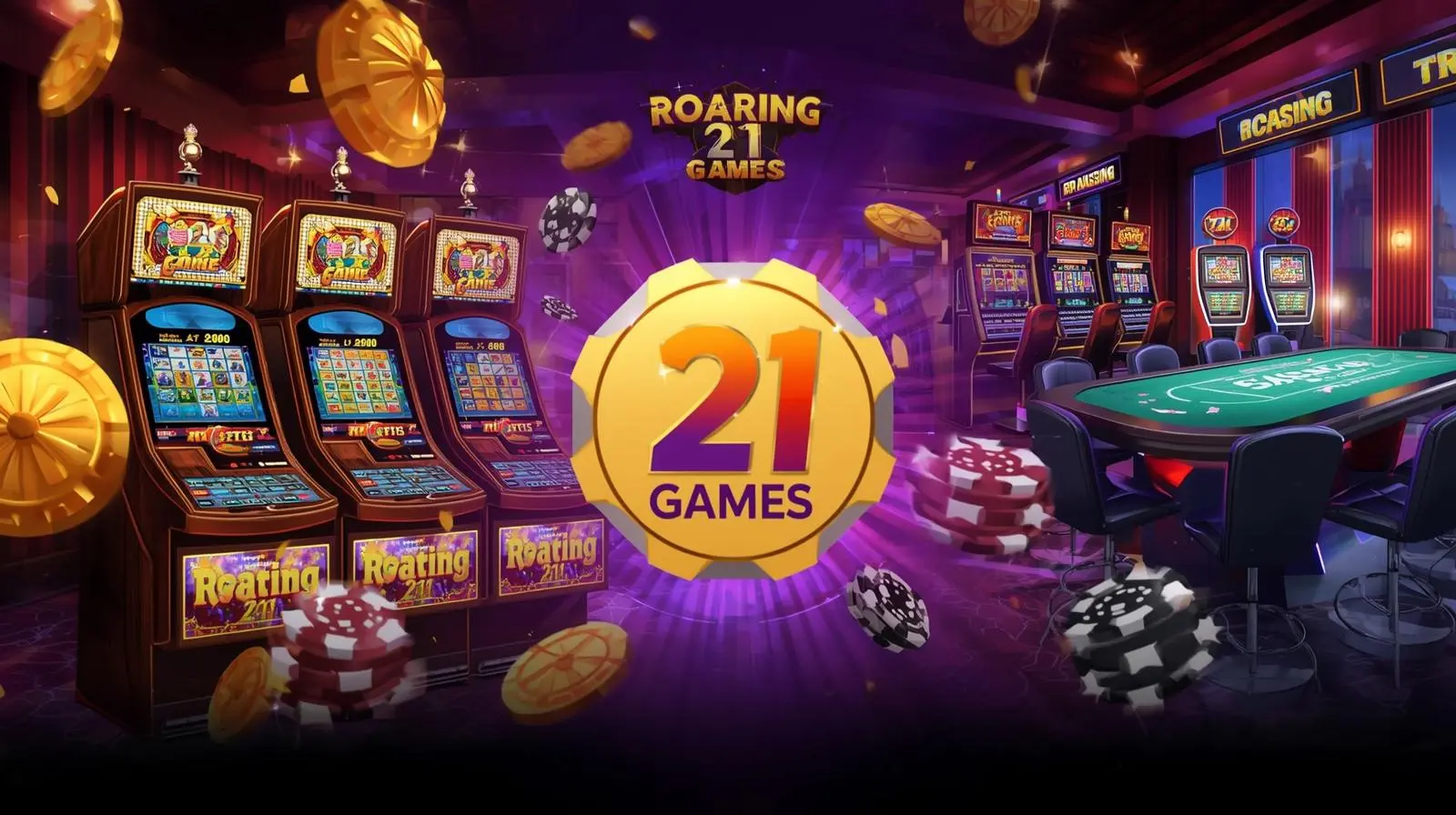 Roaring 21 Game app interface with slots and poker visuals