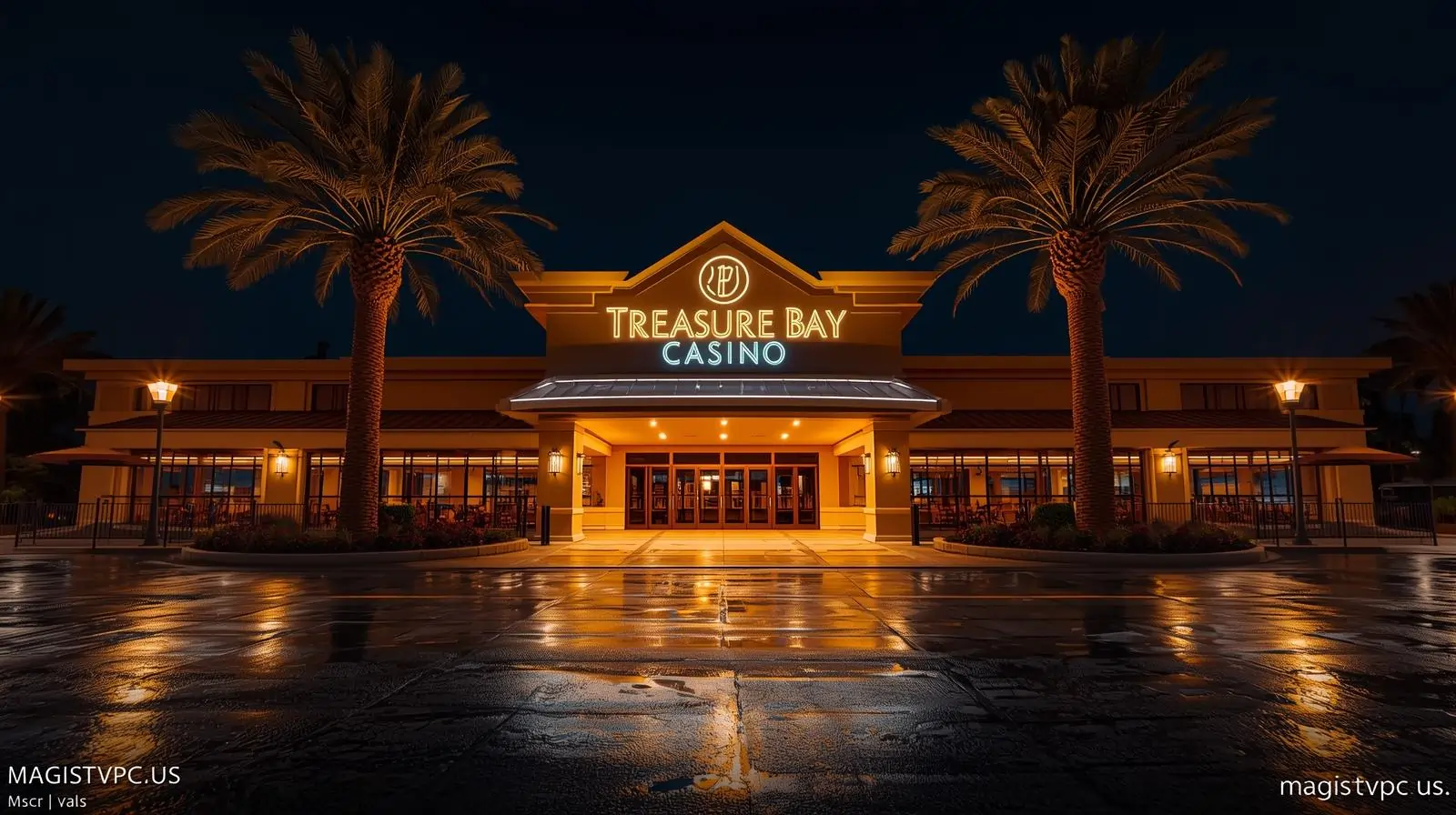 Night view of Treasure Bay Casino with glowing lights and palm trees.