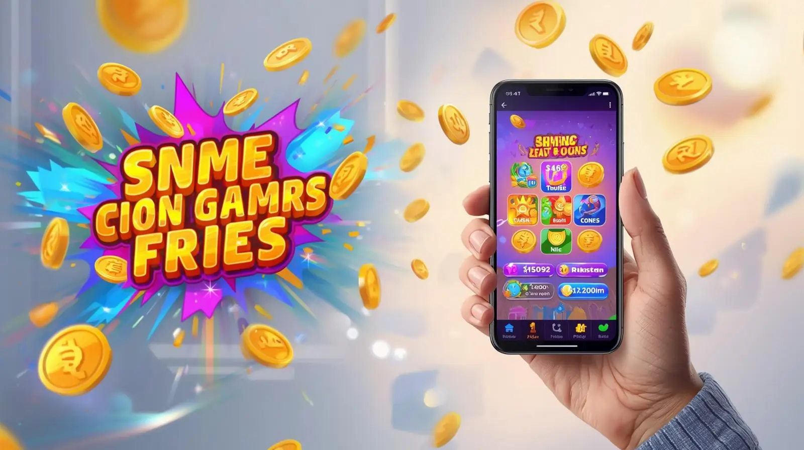 Mobile screen showing 02.game earning app with coins, cash icons and play button.