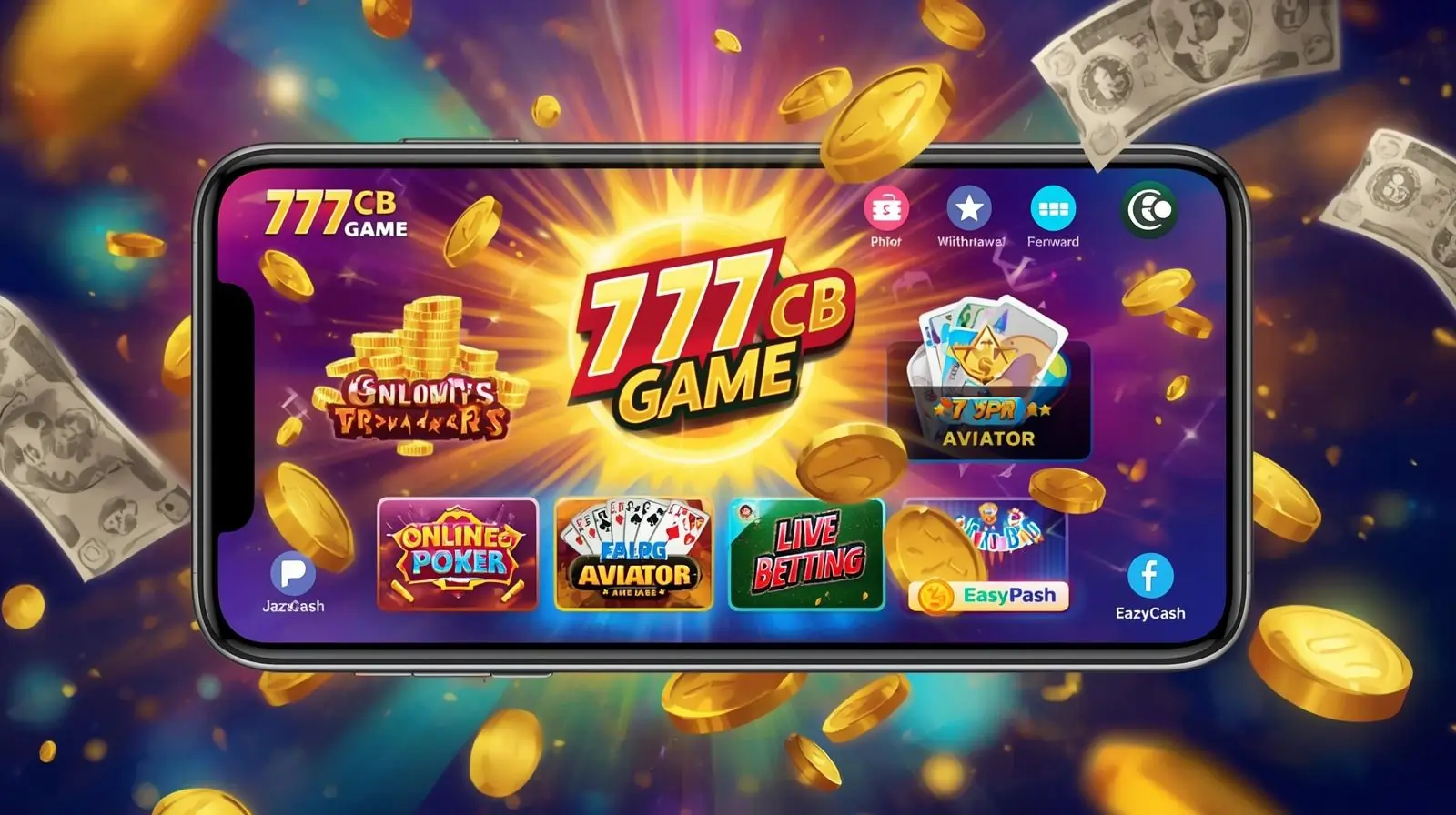777CB Game app interface with slots, poker, and instant PKR earnings