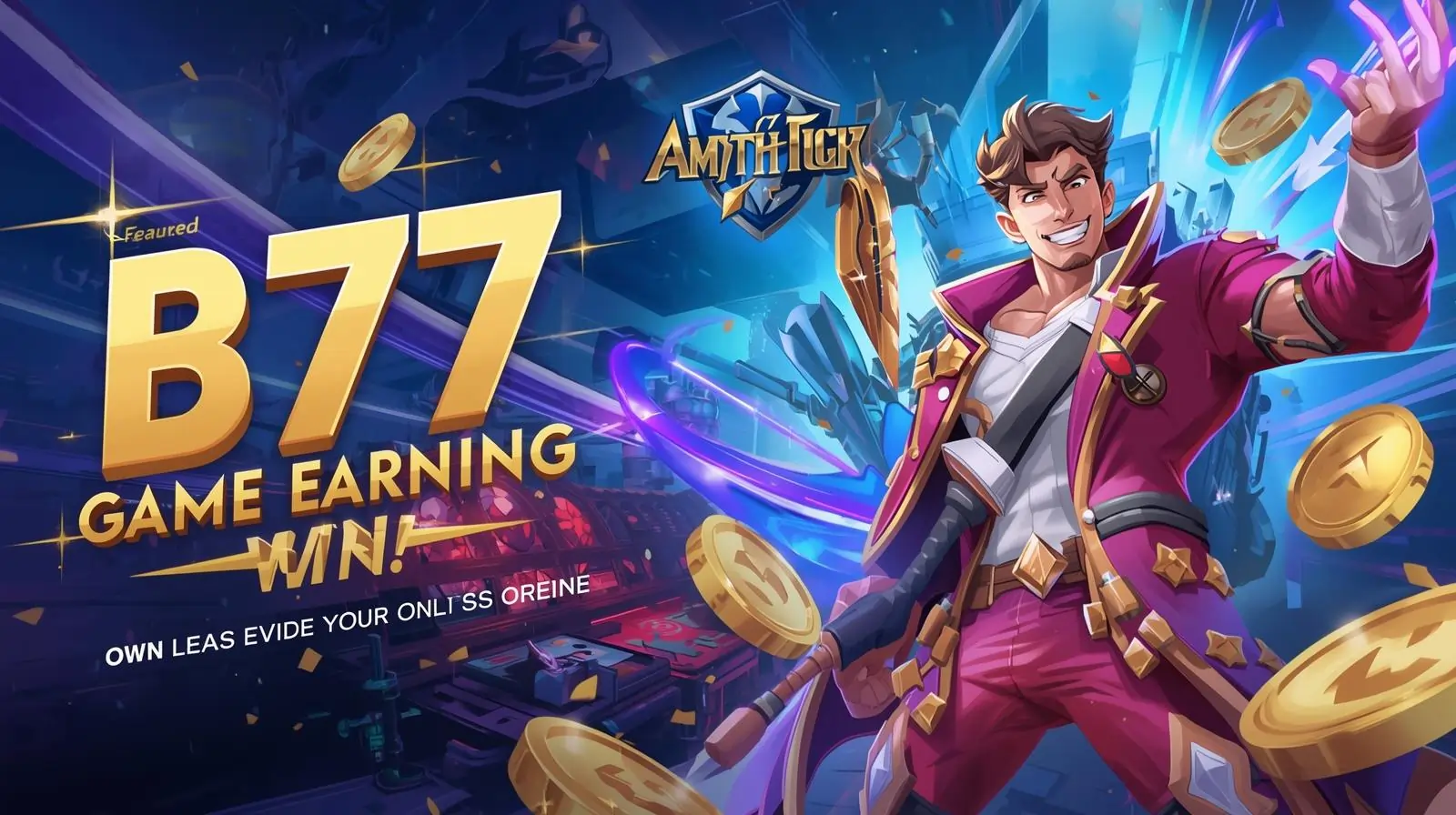 Mobile screen showing B77 Game slots, aviator, poker and PKR earning gameplay.