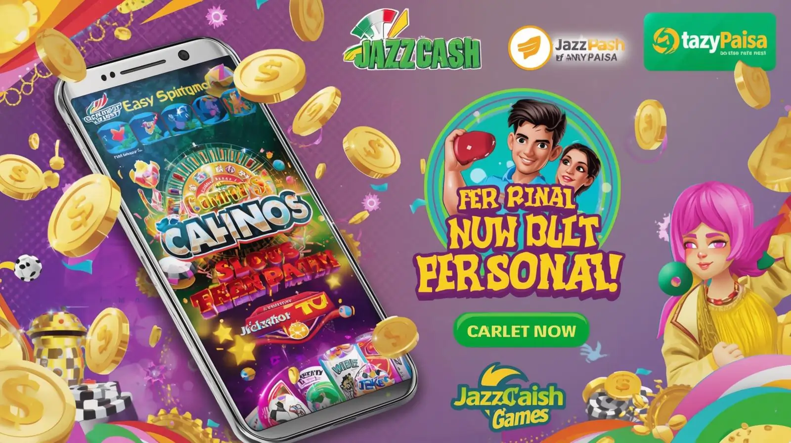 Mobile gaming banner with PKR earning elements and casino icons