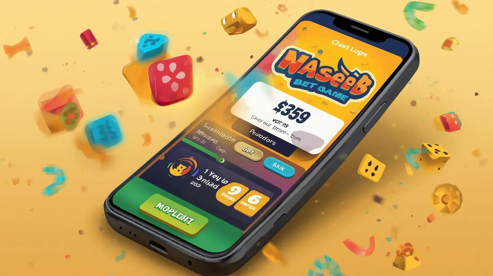 Mobile screen showing Naseeb Bet Game interface with lucky wheel and coins